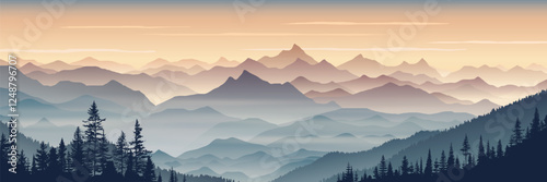 Sunrise in the mountains, misty silhouettes of ridges, forest in the fog, vector illustration