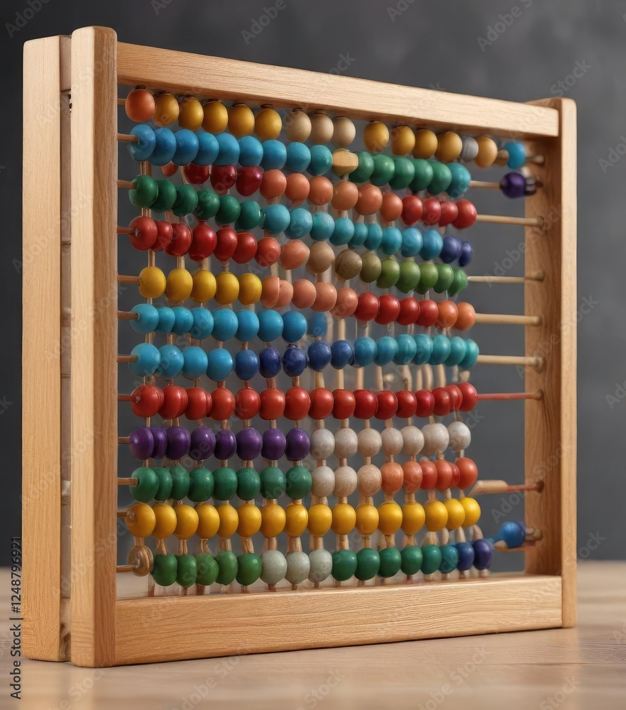 Side view of wooden abacus with colorful beads, Practical learning, School essentials, Math knowledge, Wooden counting frame Side view of wooden abacus with colorful beads, Practical learning, School essentials, Math knowledge, Wooden counting frame