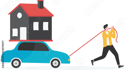 Business concept vector illustration of a businessman dragging a house and a convertible car.

