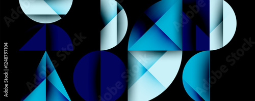 Abstract geometric background with layered gradient shapes forming dynamic patterns. Overlapping semi circles and triangles create depth and contrast