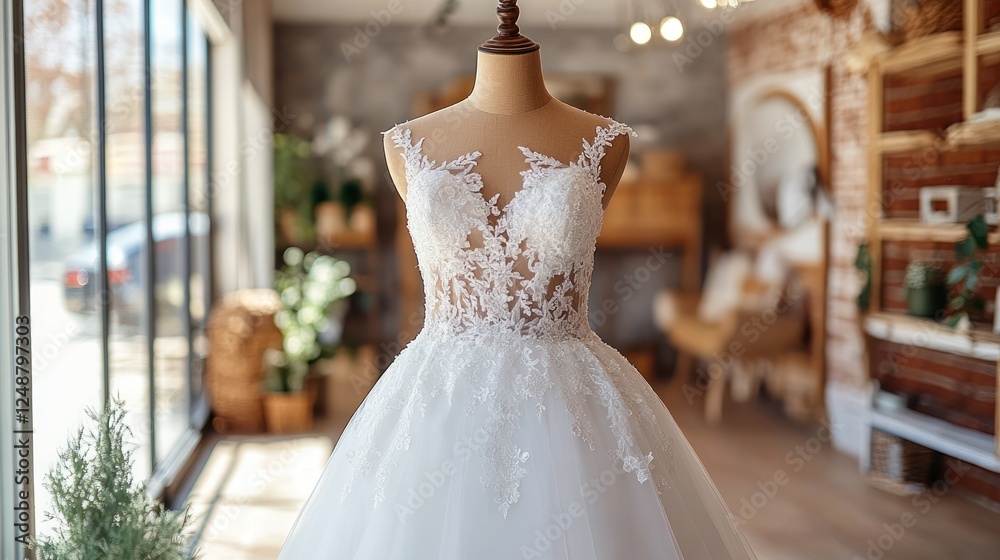 Naklejka premium Lace wedding dress on mannequin in bridal shop.