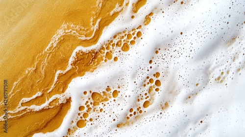 Topdown view of foamy ocean waves meeting golden sand, rhythmic nature patterns, high contrast and dynamic movement, abstract beach textures