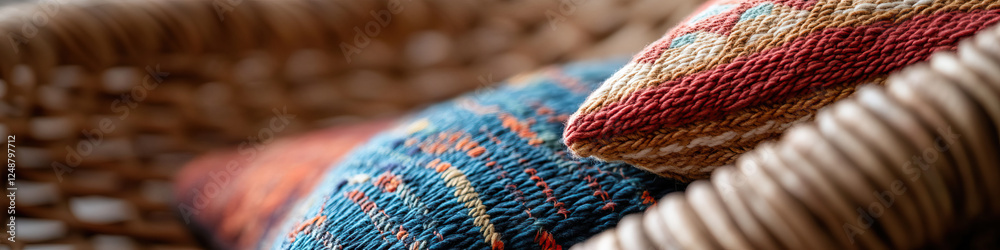 Woven Throw Pillows on Wicker Chair Woven Throw Pillows on Wicker Chair