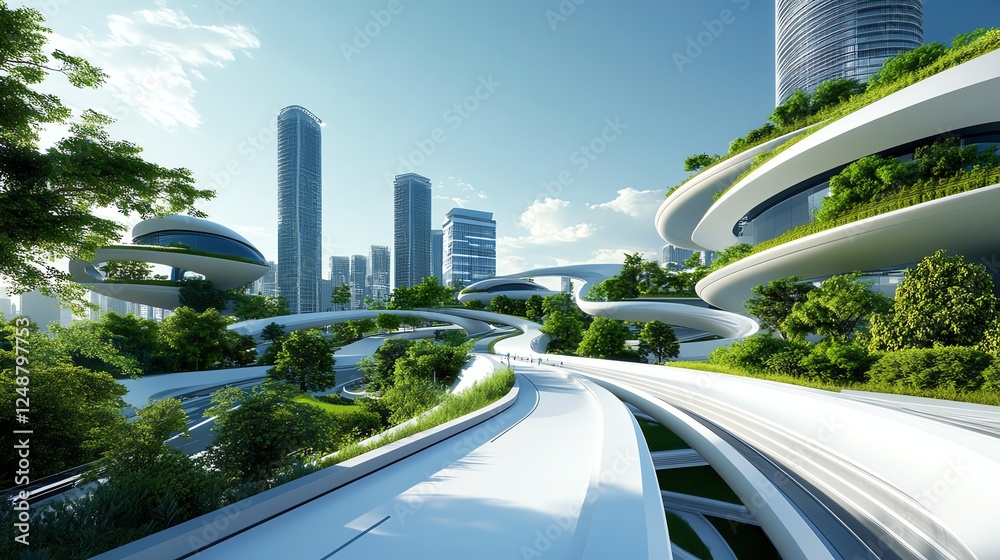 Fototapeta premium Ultraclean futuristic pedestrian road in a smart ecocity, sustainable urban design, green energy elements, modern innovation