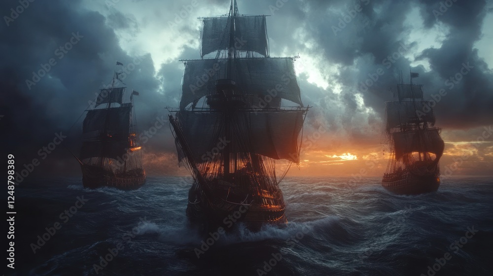 Majestic sailing ships navigating stormy seas at sunset Majestic sailing ships navigating stormy seas at sunset