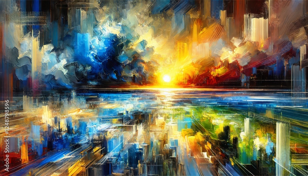 Fototapeta premium Abstract landscape with vibrant brushstrokes dynamic textures glowing focal point and bold modern impressionism.
