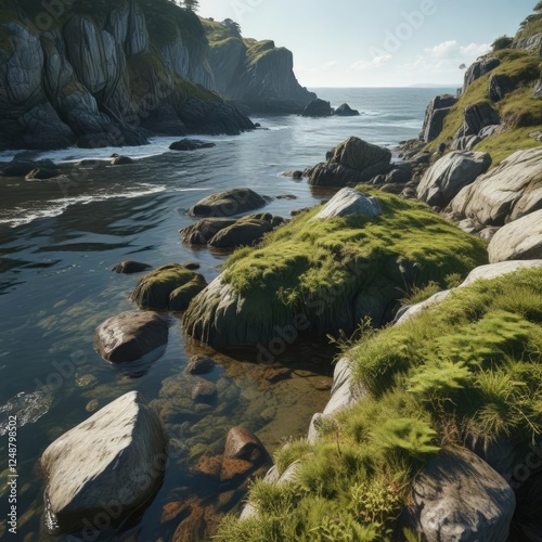 rough textured rocky shoreline covered in seaweed and moss, sea grasses, photo