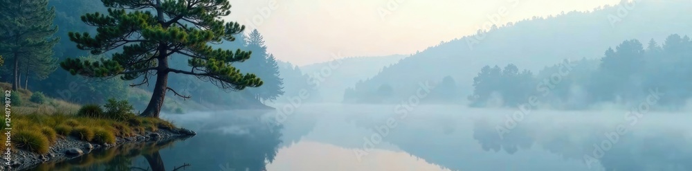 Fototapeta premium Riverbank pine tree covered in mist and morning fog, fog, tree