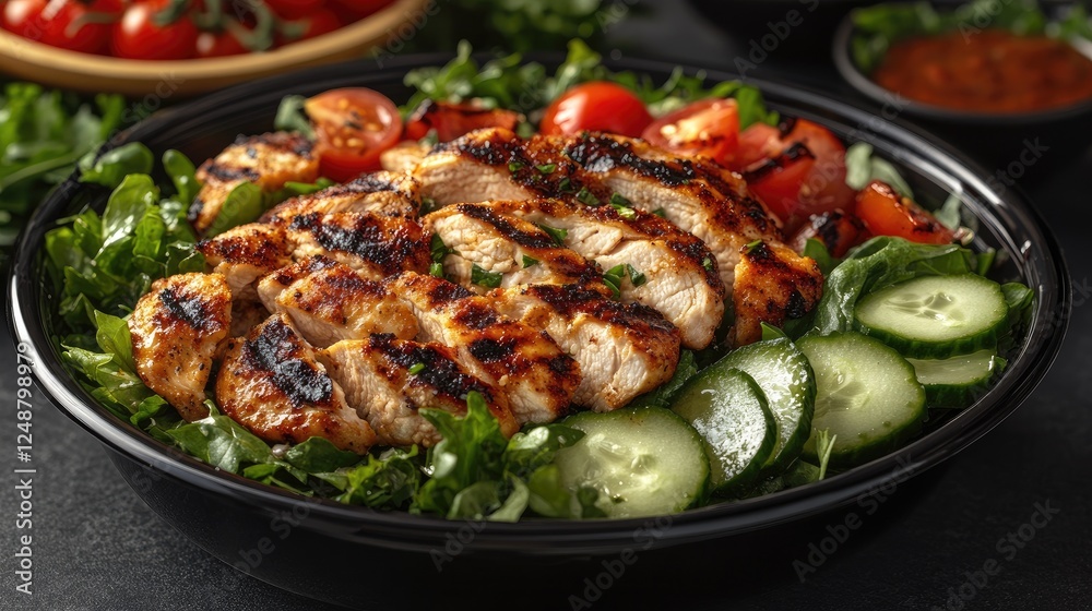 Grilled chicken salad with fresh greens, tomatoes, and cucumber in a vibrant bowl setting Grilled chicken salad with fresh greens, tomatoes, and cucumber in a vibrant bowl setting