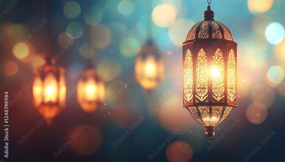 Intricate Metal Lanterns Glow in Warm Light Against a Teal Bokeh Background Intricate Metal Lanterns Glow in Warm Light Against a Teal Bokeh Background
