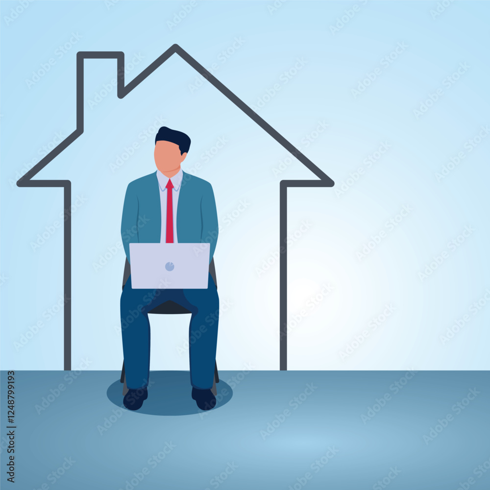 A man sitting with a laptop surrounded by lines forming a house. Illustration for remote work, work from home and freelancing from anywhere. A man sitting with a laptop surrounded by lines forming a house. Illustration for remote work, work from home and freelancing from anywhere.