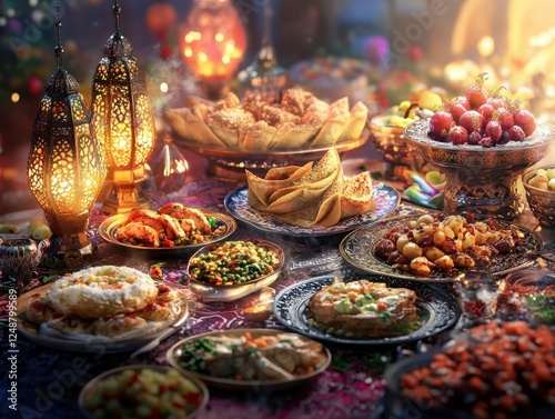 Lavish Middle Eastern Feast with Warm Lighting photo