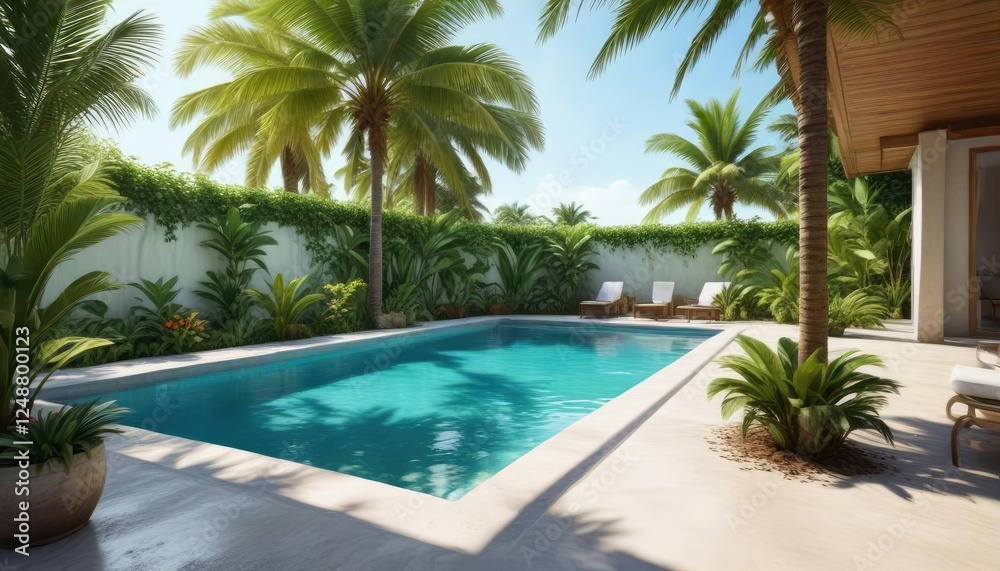 Fototapeta premium Piscine et palme dans une aquarelle de maison tropicale, fleurs, eau, palme