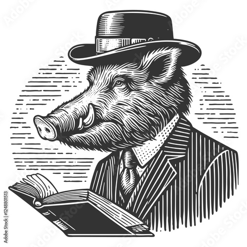 Boar Businessman with Money engraving vector
