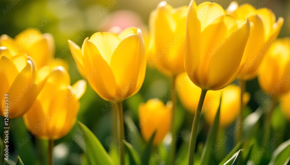 Fototapeta premium Sunlit Yellow Tulips: A Vibrant Springtime Floral Display
