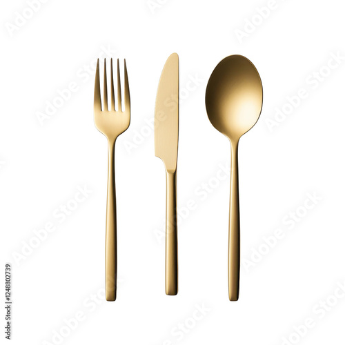 Golden cutlery set featuring a fork, knife, and spoon on a white isolate background.