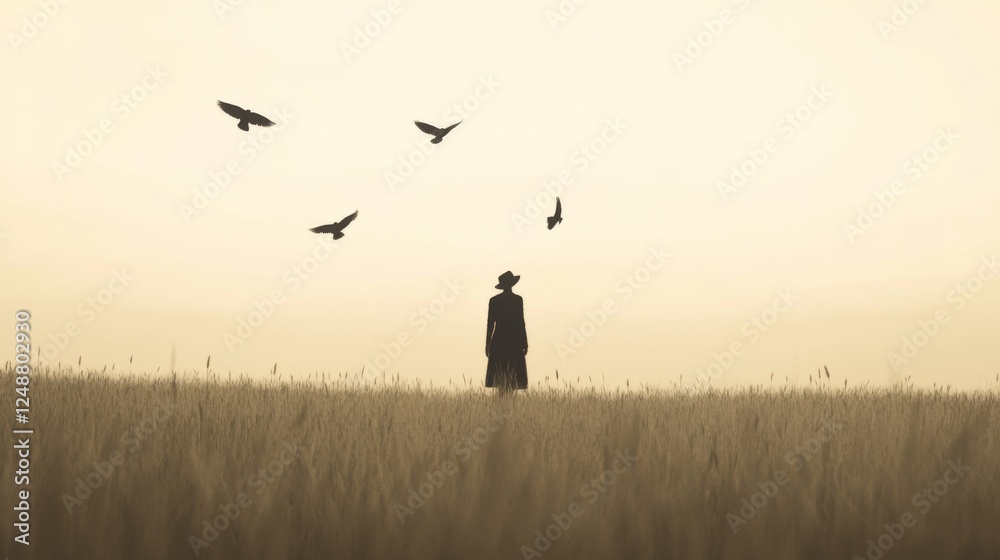 Fototapeta premium Woman wheat field sunset birds solitude contemplation