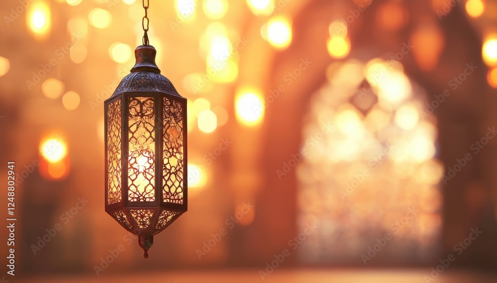 Ornamental Metal Lantern Hanging with Warm Glowing Light Against a Bokeh Background Ornamental Metal Lantern Hanging with Warm Glowing Light Against a Bokeh Background