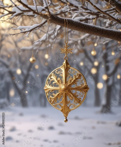 Snowflakes falling on the branches of a bare tree with a shiny gold ornament dangling from it, peaceful landscape, frosty morning