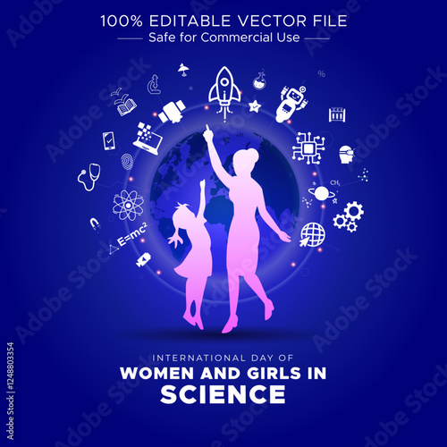 Concept for International day of women and girls in science. Science innovation elements with Happy young woman and girl scientist.