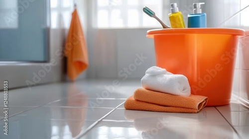 Bathroom scene with towels and hygiene essentials. photo