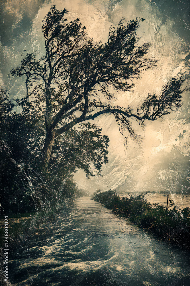 Fototapeta premium tree,wind,road,water,nature,storm,dark clouds,light - shadow,landscape,force