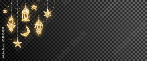 Ramadan or Al-Adha traditional decoration. Golden glitter garland with hanging crescents, stars and lanterns. Muslim holidays border, corner frame. Transparent background can be removed in vector file