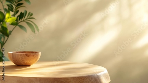 Wooden Bowl on a Table with Plant in the Background and Soft Lighting. Generative AI photo