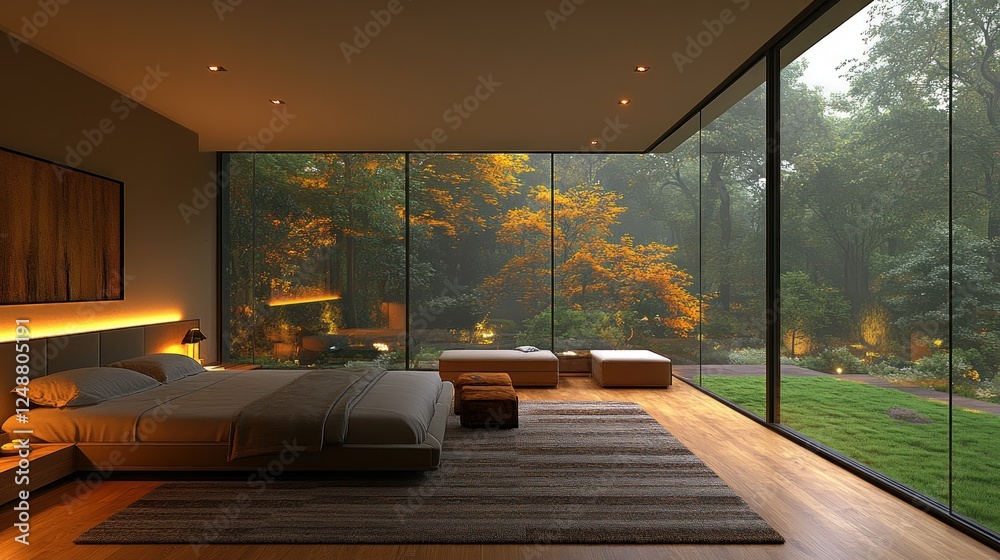 Fototapeta premium Serene Bedroom with Panoramic Forest View