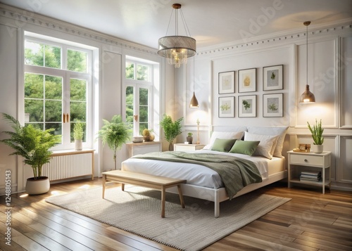 Modern minimalist Scandinavian bedroom: white bed frame, clean lines, 3D rendered floor plan.