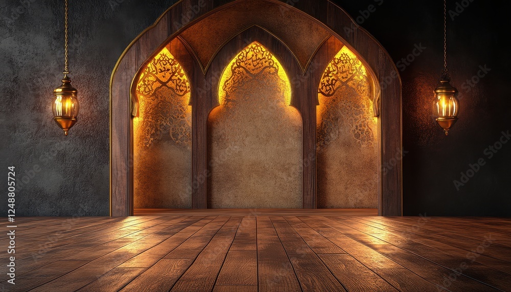 Obraz premium Ornate Golden Archway with Lanterns and Wooden Floor