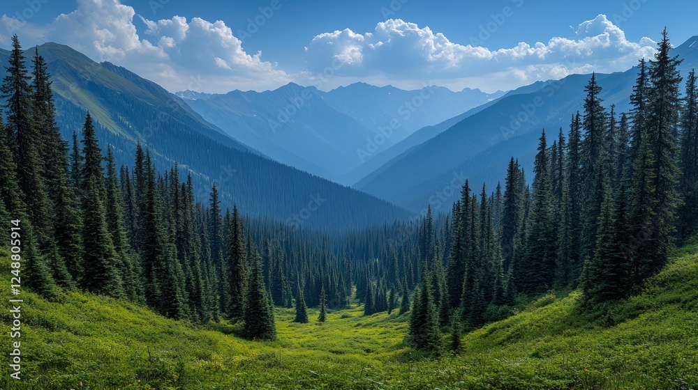 Fototapeta premium Majestic mountain valley with evergreen trees.