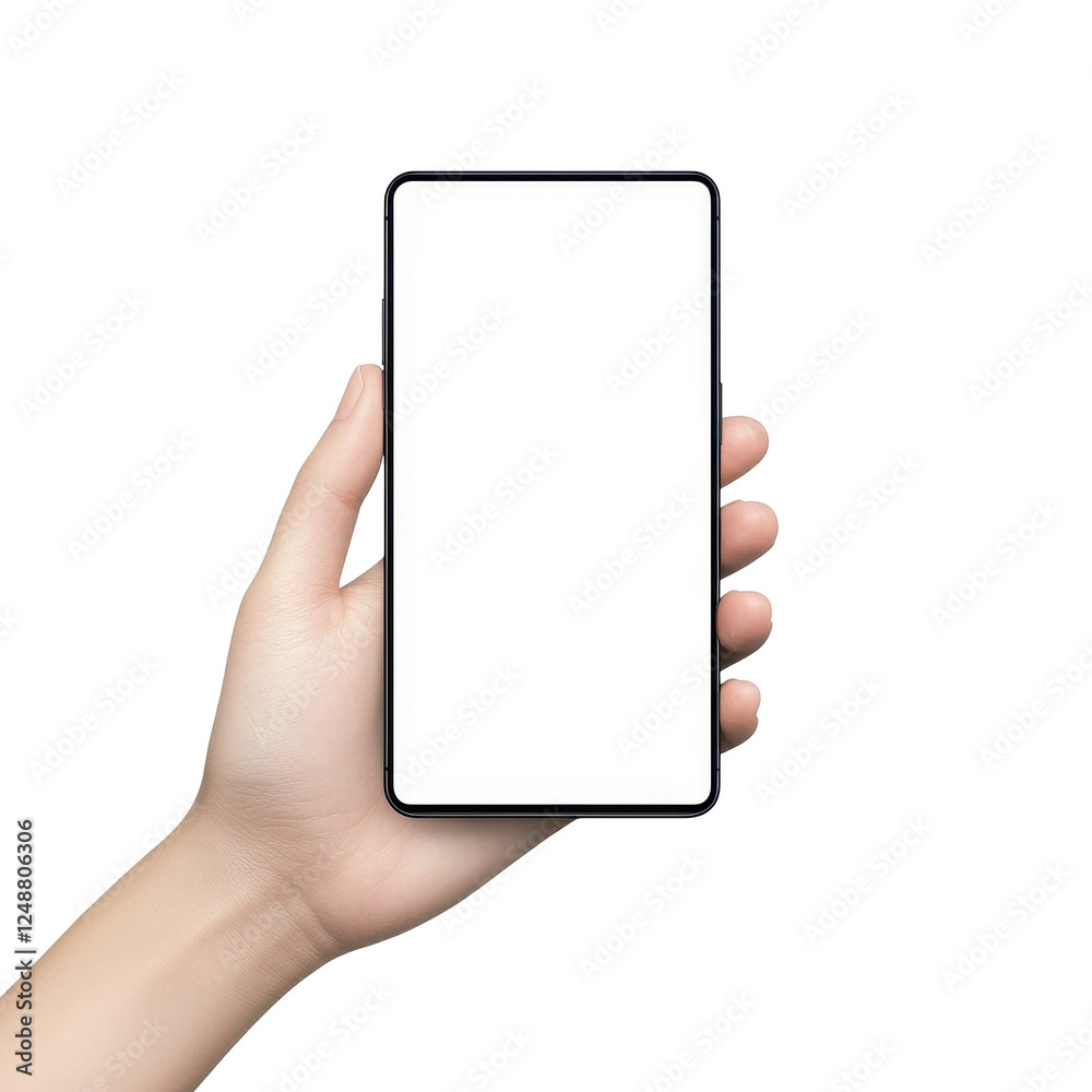 Smartphone held vertically, blank screen, white isolate background. Smartphone held vertically, blank screen, white isolate background.