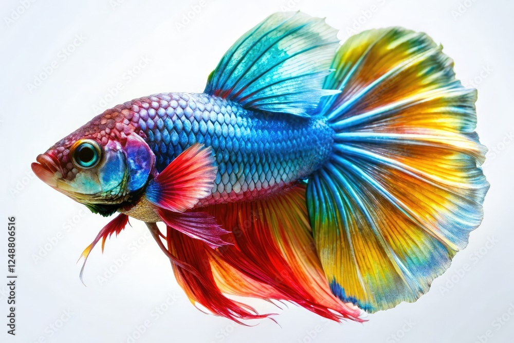 Fototapeta premium Overhead macro shot: Vibrant rainbow betta, stunning white backdrop, colorful scales detailed.