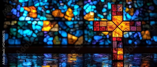 Glowing Stained Glass Cross in Cathedral Window with Vibrant Colors and Patterns