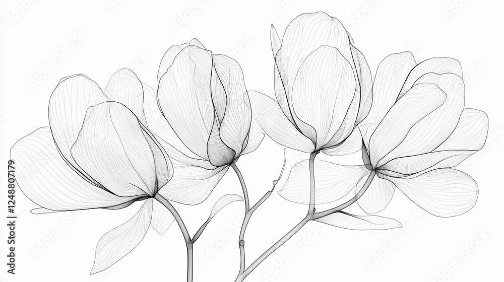 Obraz premium A minimalist black and white floral line drawing on a pure white background, designed for elegant collage artwork with a calm and balanced aesthetic. 