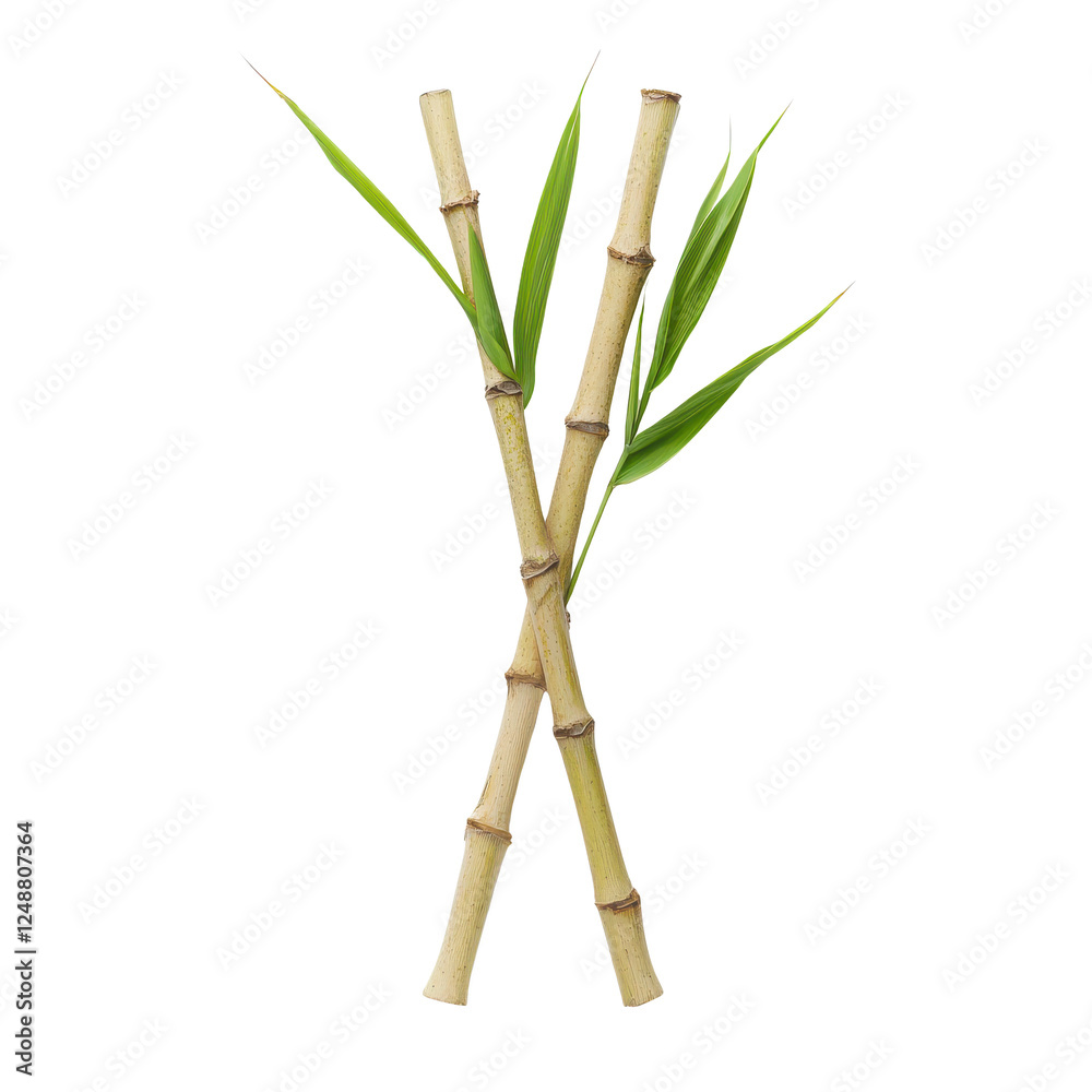 Fototapeta premium Two bamboo stalks with green leaves on a white isolated background.
