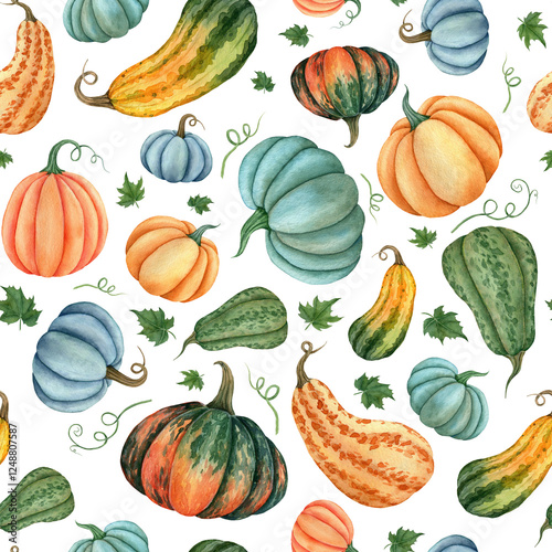 Watercolor seamless pattern of pumpkins orange, blue and green colors with leaves. Hand drawn illustration vegetable for fabric, textile, wallpaper, packaging. Botanical print for the design for