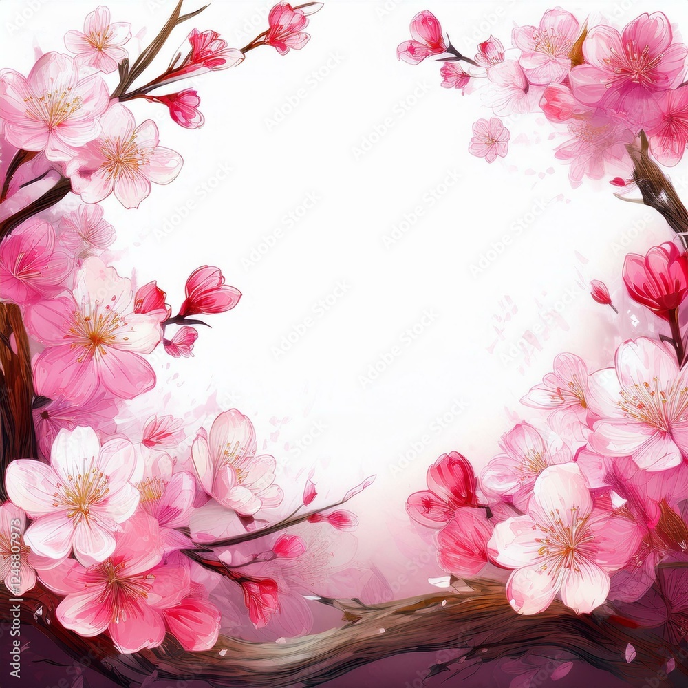 Fototapeta premium Sakura border frame blossom on white background with copy space