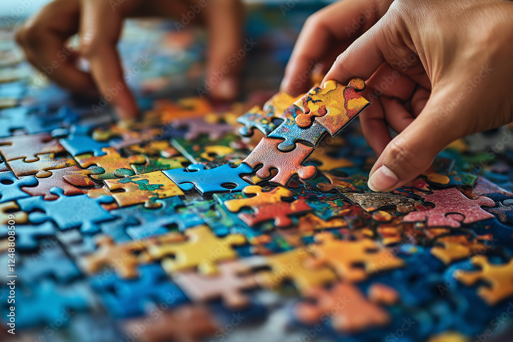 Teamwork and collaboration concept depicted through hands assembling colorful jigsaw puzzle pieces on a table Teamwork and collaboration concept depicted through hands assembling colorful jigsaw puzzle pieces on a table