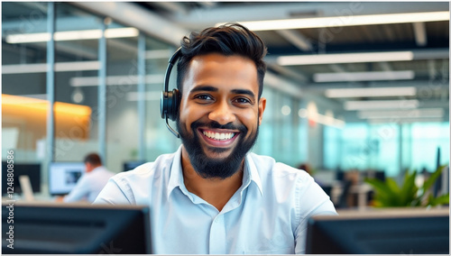 Customer service representative, call center, headset, smiling, friendly, office environment, cubicle, professional attire, beard, Middle Eastern appearance, white shirt, soft lighting, blurred backgr photo