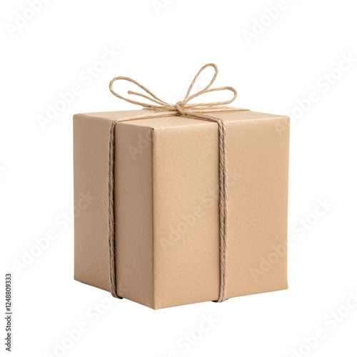 A beautifully wrapped gift box with a twine bow, white isolated background.