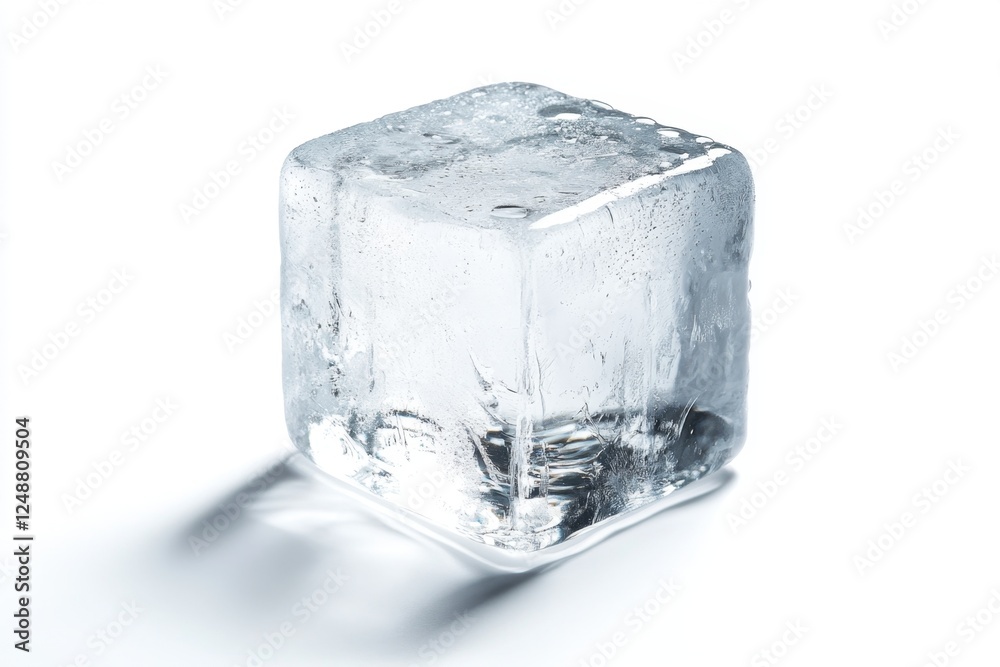 Melting ice cube on white background, studio shot, for beverage advertising Melting ice cube on white background, studio shot, for beverage advertising