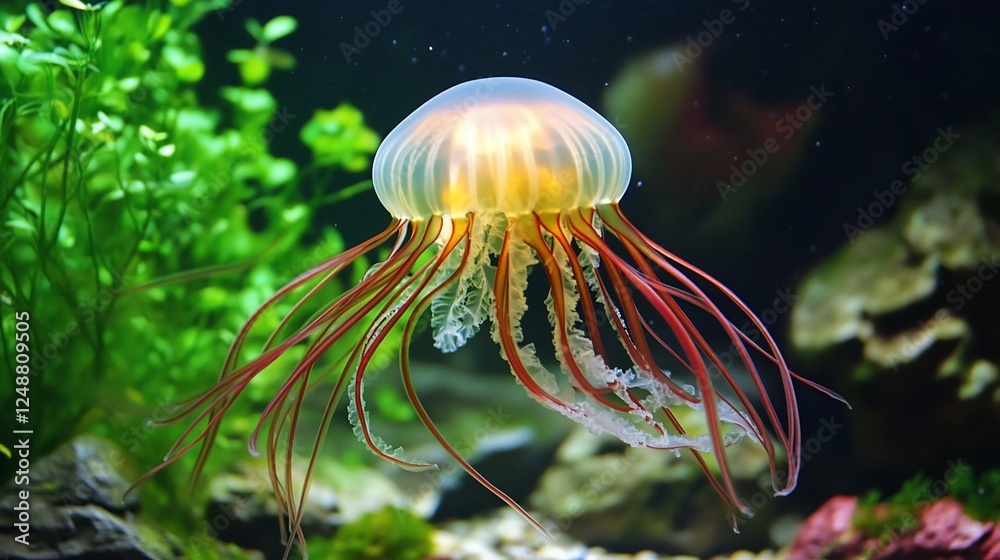 Fototapeta premium Aquarium jellyfish, red tentacles, plants, dark background, marine life