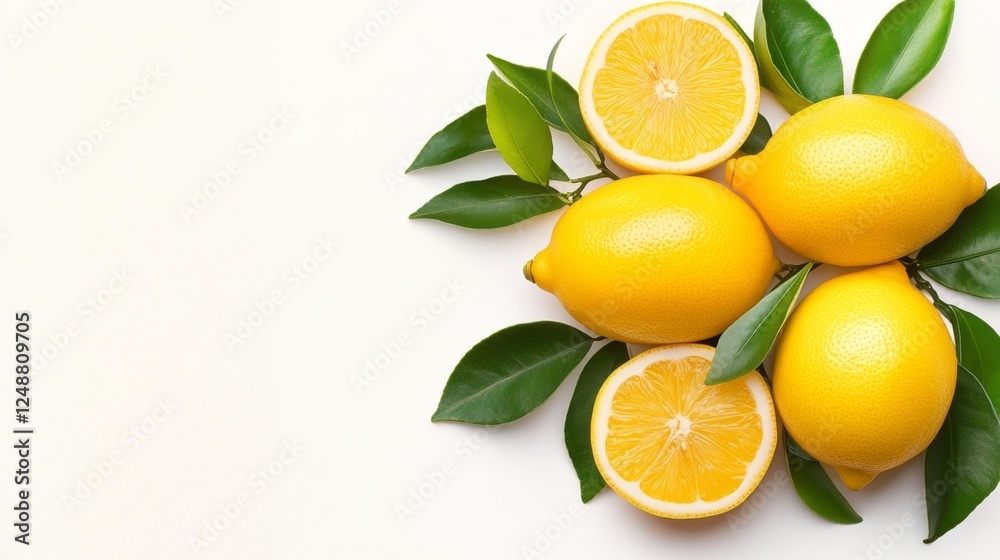 Fresh Yellow Lemons with Green Leaves on White Background. Generative AI Fresh Yellow Lemons with Green Leaves on White Background. Generative AI