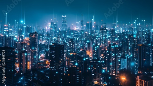 Wallpaper Mural A cityscape with many buildings and lights. The city is lit up at night, creating a vibrant and lively atmosphere. The lights are scattered throughout the city, illuminating the streets and buildings Torontodigital.ca