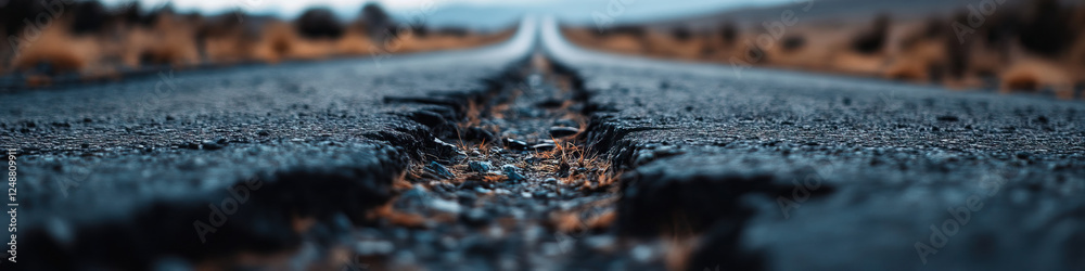 Close-up of Cracked Asphalt Road Surface