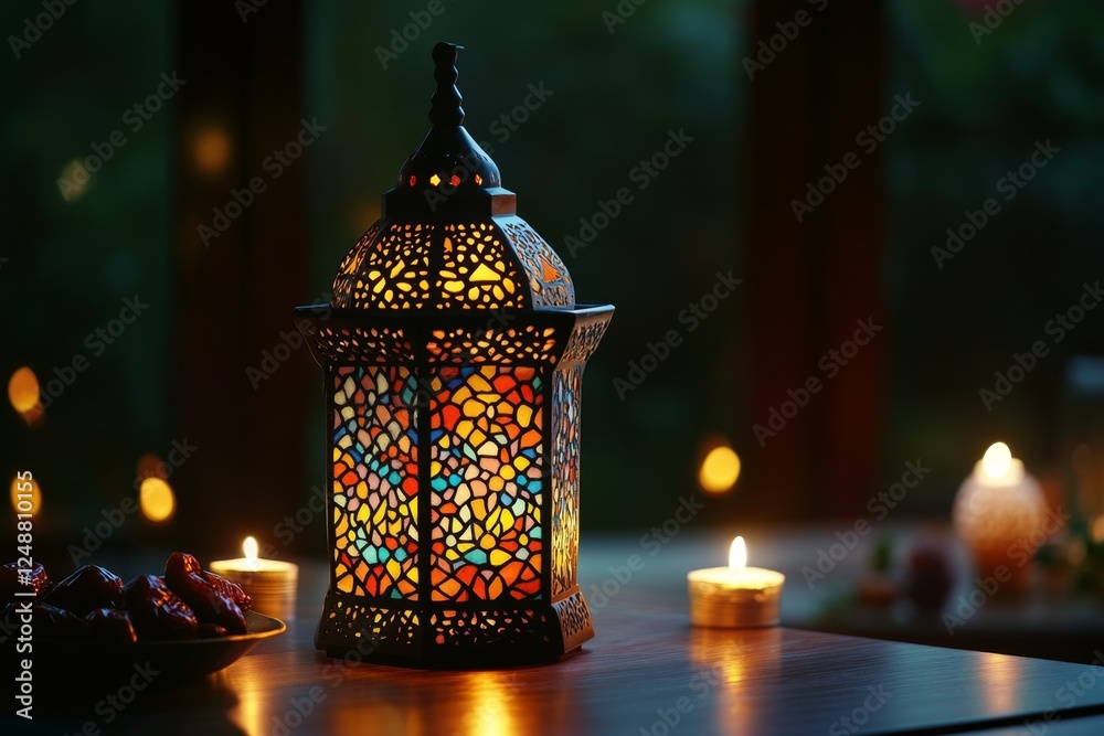 Festive Ramadan lantern glows, dates, candles, window Festive Ramadan lantern glows, dates, candles, window