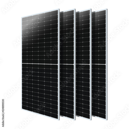 Four black solar panels arranged in a staggered formation on a white background. Each panel features a grid of photovoltaic cells, highlighting advanced renewable energy technology.