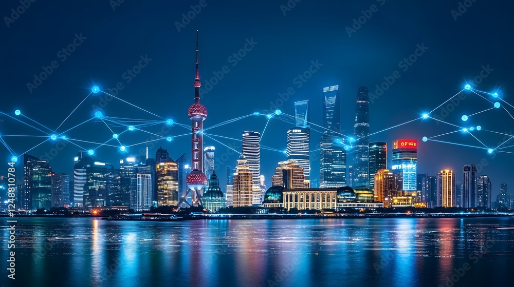 Obraz premium A city skyline is lit up at night with a network of lines connecting the buildings. The city is illuminated with a blue hue, giving it a serene and peaceful atmosphere